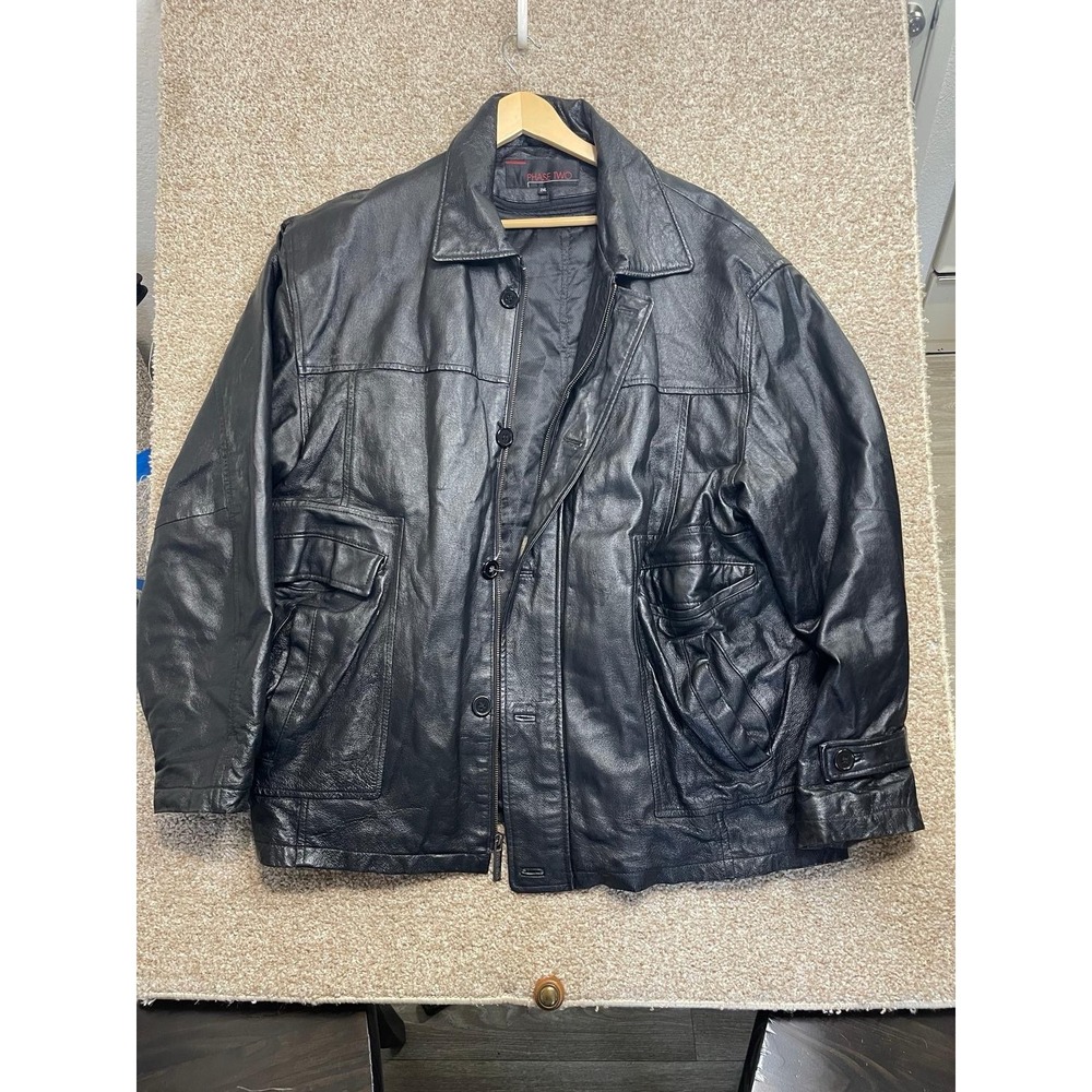 VINTAGE Phase Two‎ Leather Jacket Coat Mens 2XLBlack  Tall